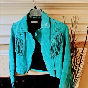 Bagatelle Teal Suede Fringe Bomber Jacket